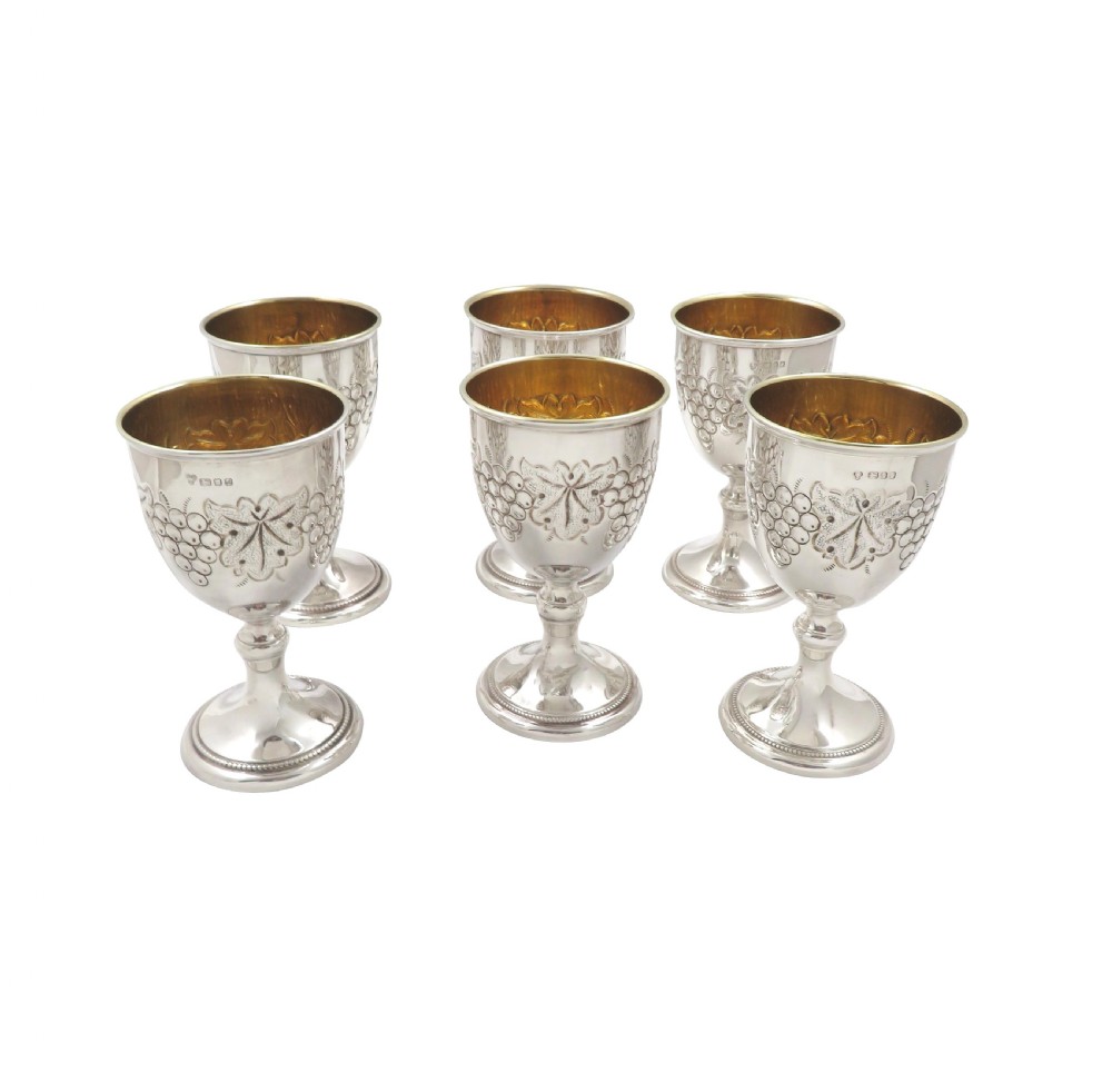 Set of 6 Vintage Sterling Silver Wine Goblets in Presentation Case View III