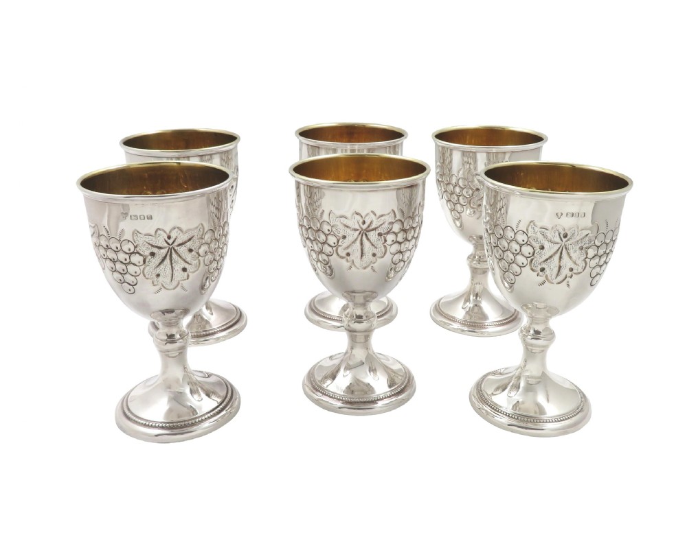 Set of 6 Vintage Sterling Silver Wine Goblets in Presentation Case View VIII