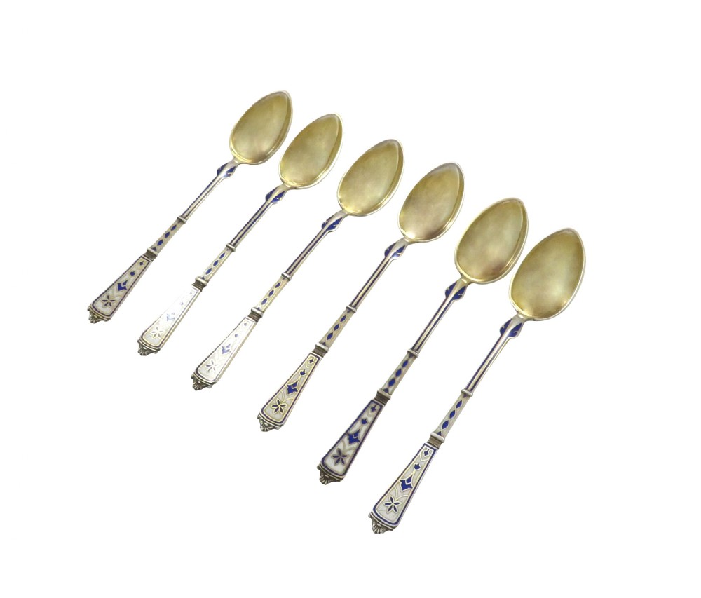 Set of 6 Antique Danish Silver & Enamel Teaspoons c1880 - Simon Groth View VI