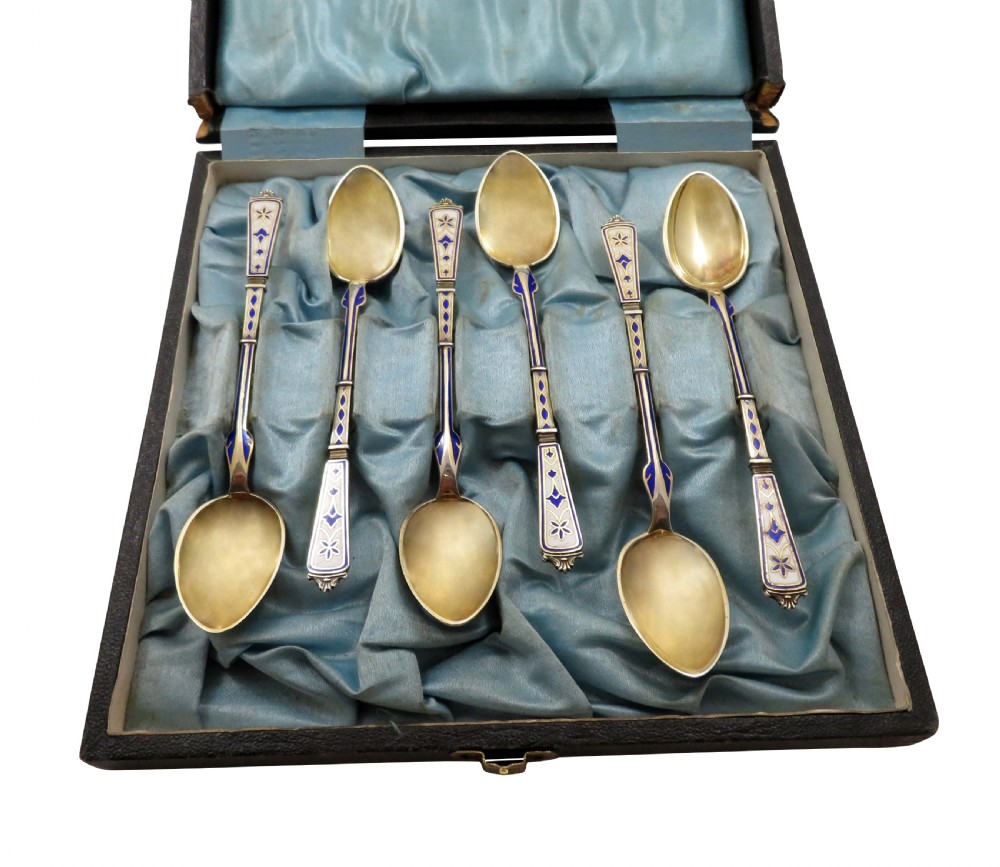 Set of 6 Antique Danish Silver & Enamel Teaspoons c1880 - Simon Groth View VII