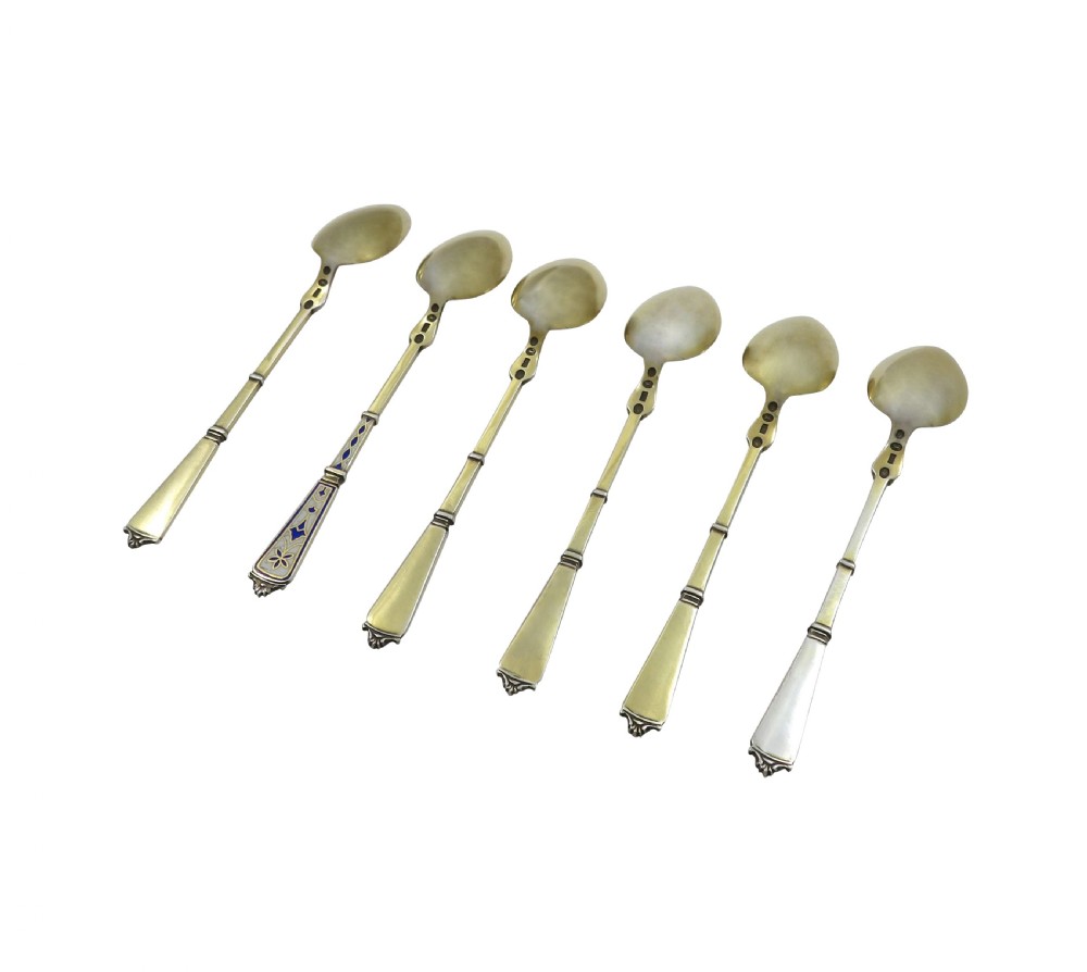 Set of 6 Antique Danish Silver & Enamel Teaspoons c1880 - Simon Groth View VIII