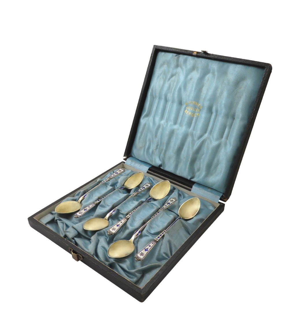 Set of 6 Antique Danish Silver & Enamel Teaspoons c1880 - Simon Groth View X