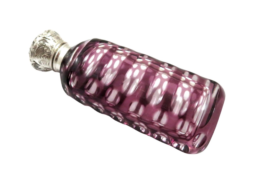 Antique Victorian Silver & Purple Overlay Cut Glass Scent / Perfume Bottle c1890 View II