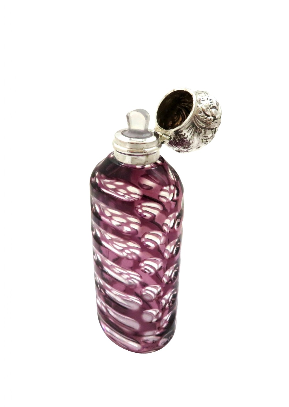 Antique Victorian Silver & Purple Overlay Cut Glass Scent / Perfume Bottle c1890 View III