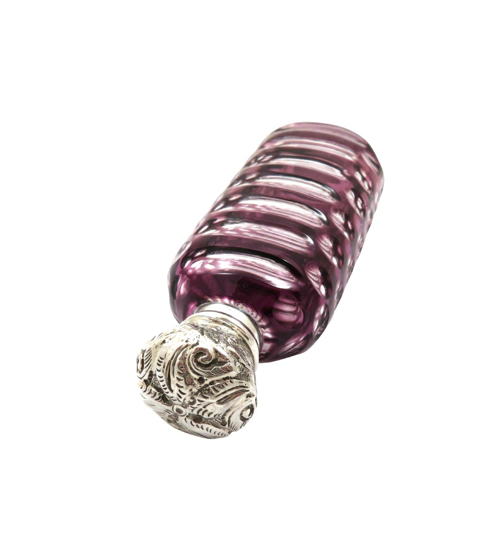 Antique Victorian Silver & Purple Overlay Cut Glass Scent / Perfume Bottle c1890 View IV