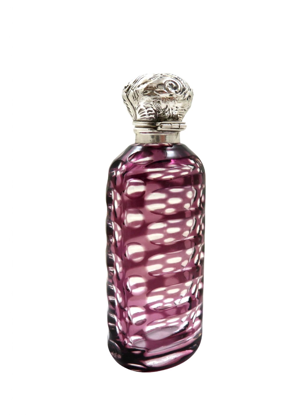 Antique Victorian Silver & Purple Overlay Cut Glass Scent / Perfume Bottle c1890 View V