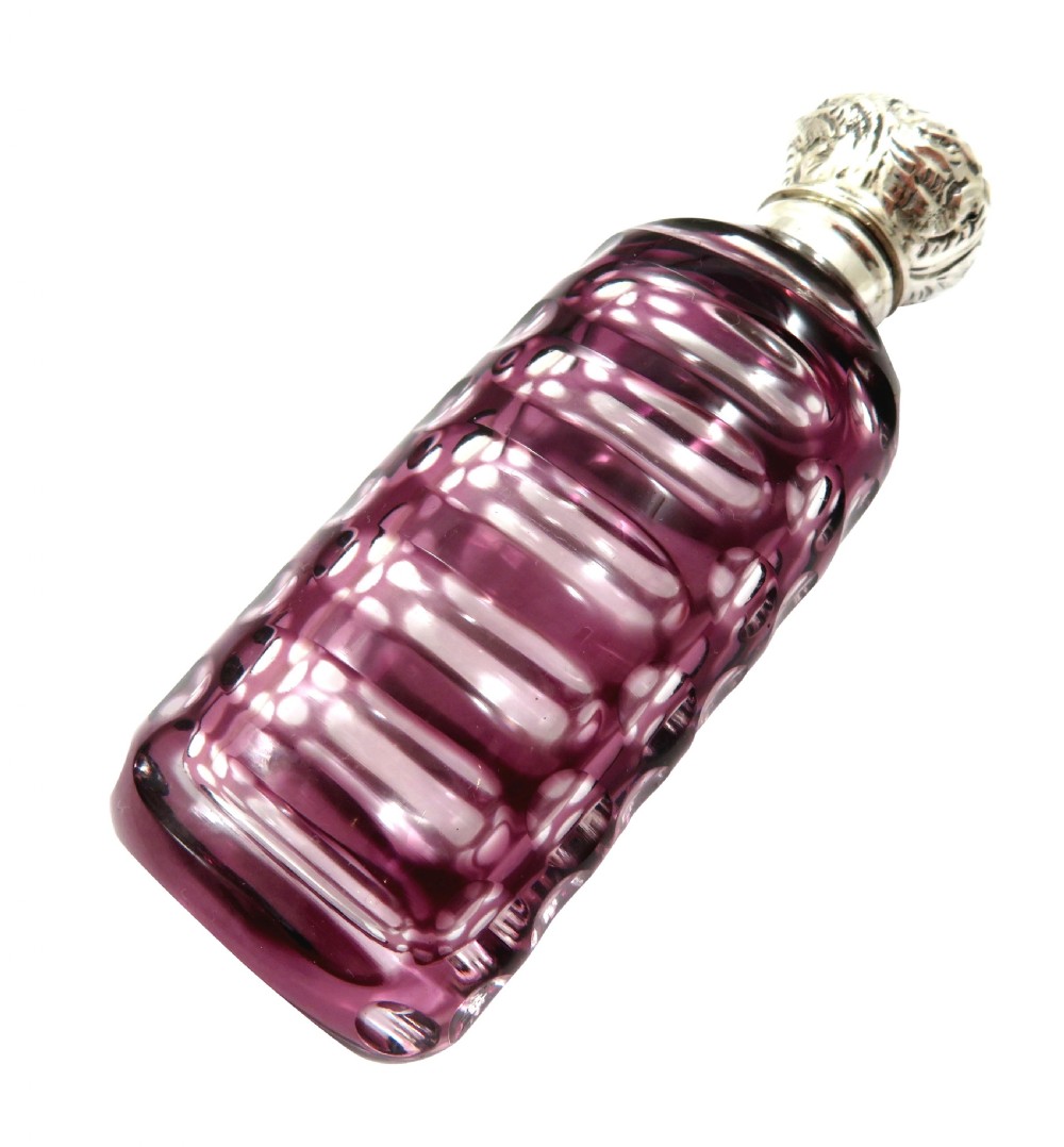 Antique Victorian Silver & Purple Overlay Cut Glass Scent / Perfume Bottle c1890 View VI