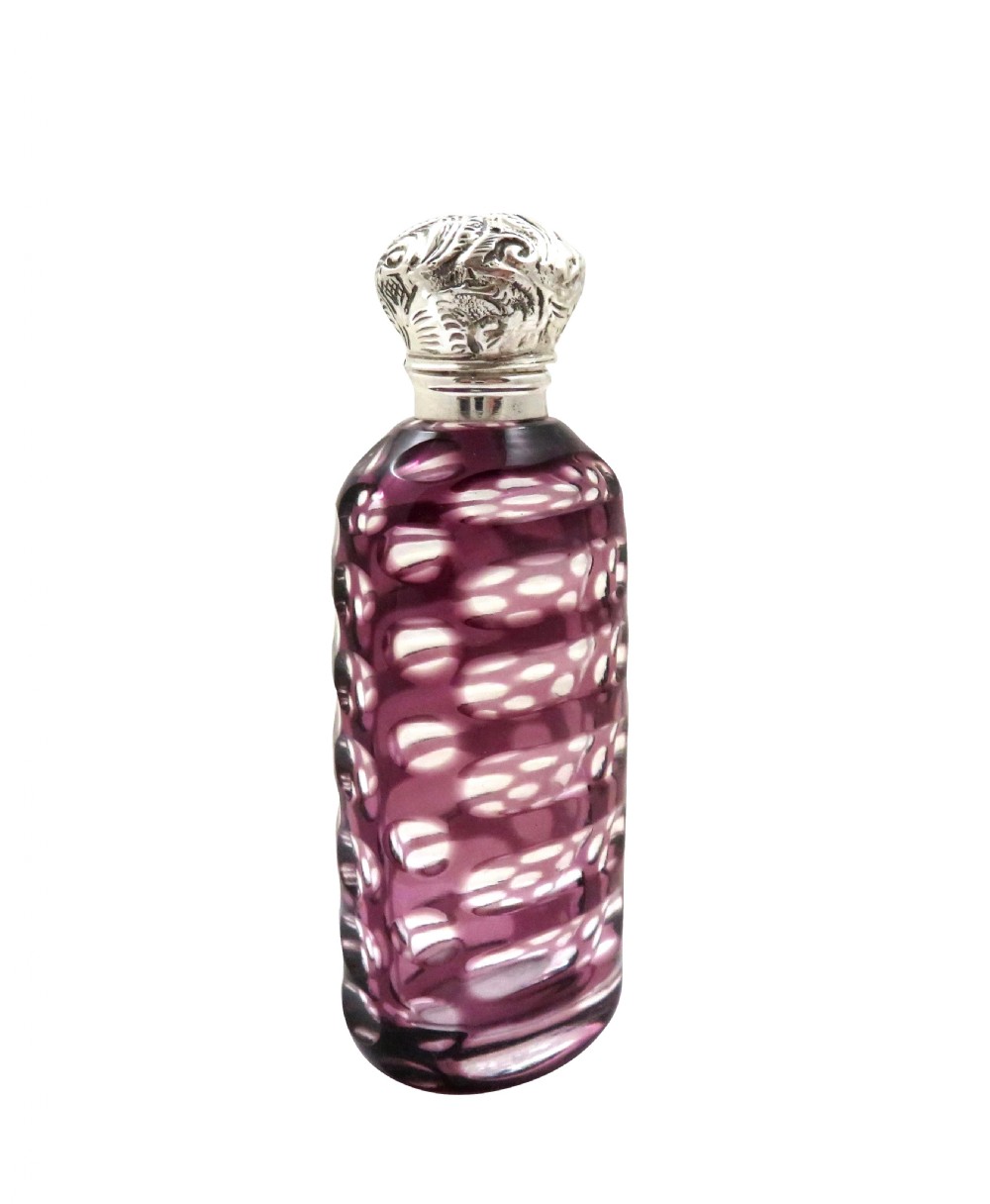 Antique Victorian Silver & Purple Overlay Cut Glass Scent / Perfume Bottle c1890 View VII