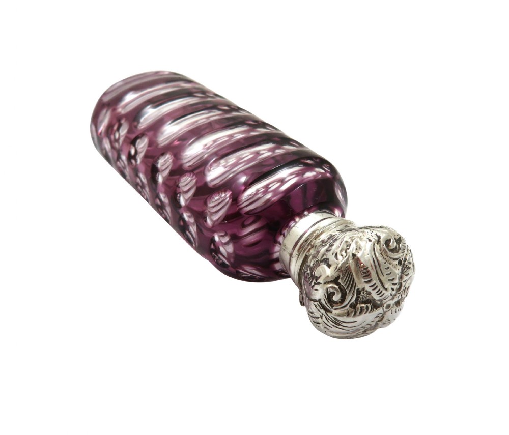 Antique Victorian Silver & Purple Overlay Cut Glass Scent / Perfume Bottle c1890 View VIII