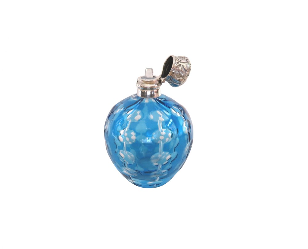 Antique Victorian Silver & Blue Overlay Cut Glass Scent / Perfume Bottle c1890 View II