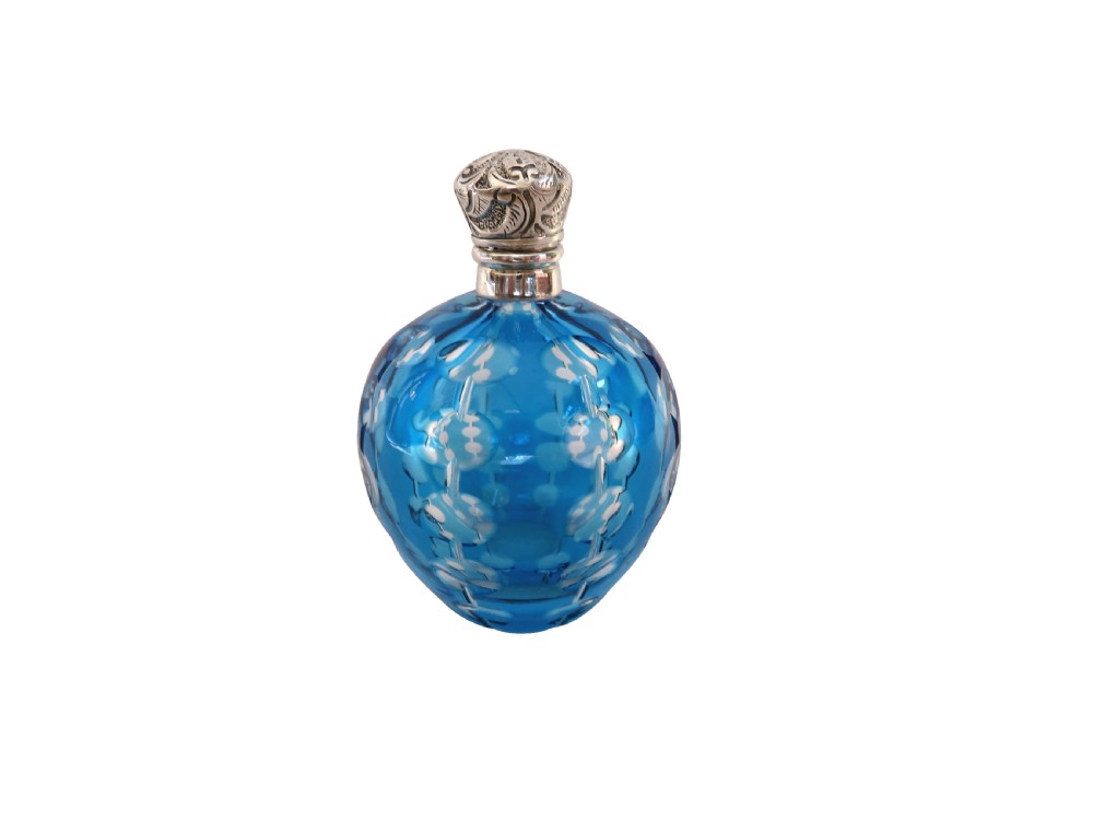 Antique Victorian Silver & Blue Overlay Cut Glass Scent / Perfume Bottle c1890 View III