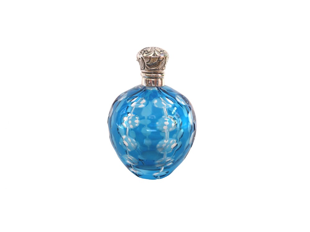 Antique Victorian Silver & Blue Overlay Cut Glass Scent / Perfume Bottle c1890 View V