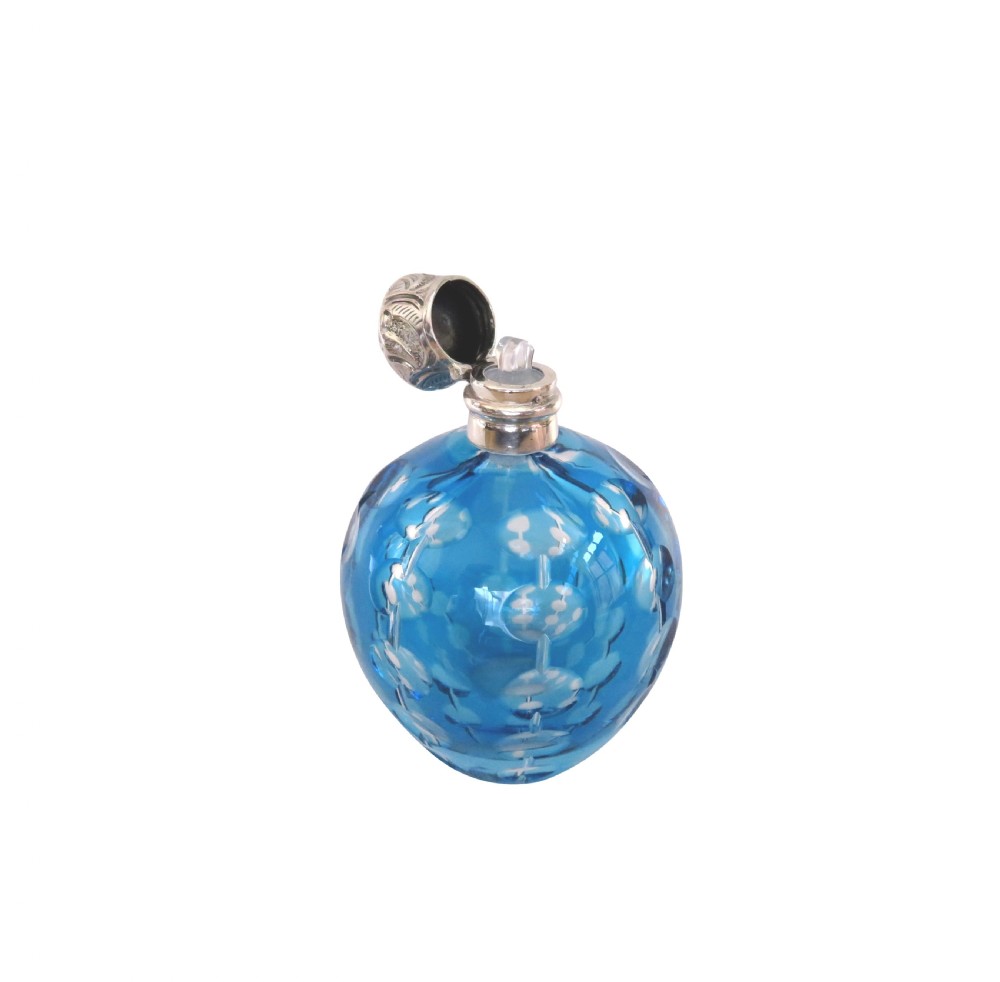Antique Victorian Silver & Blue Overlay Cut Glass Scent / Perfume Bottle c1890 View VII