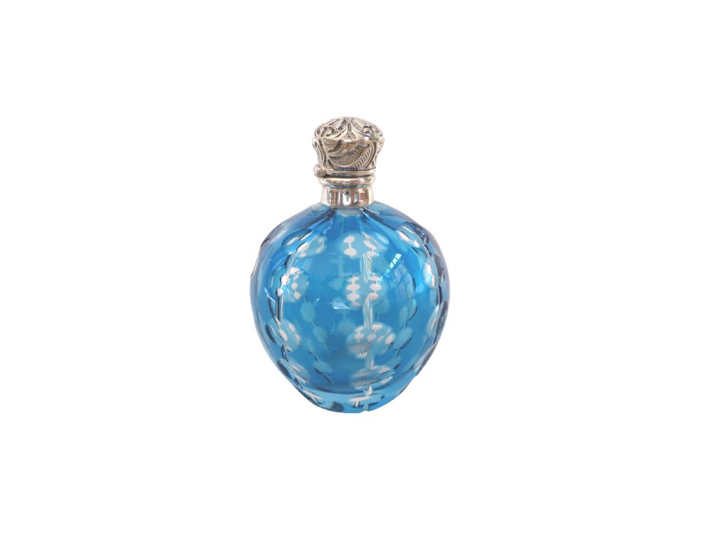 Antique Victorian Silver & Blue Overlay Cut Glass Scent / Perfume Bottle c1890 View VIII