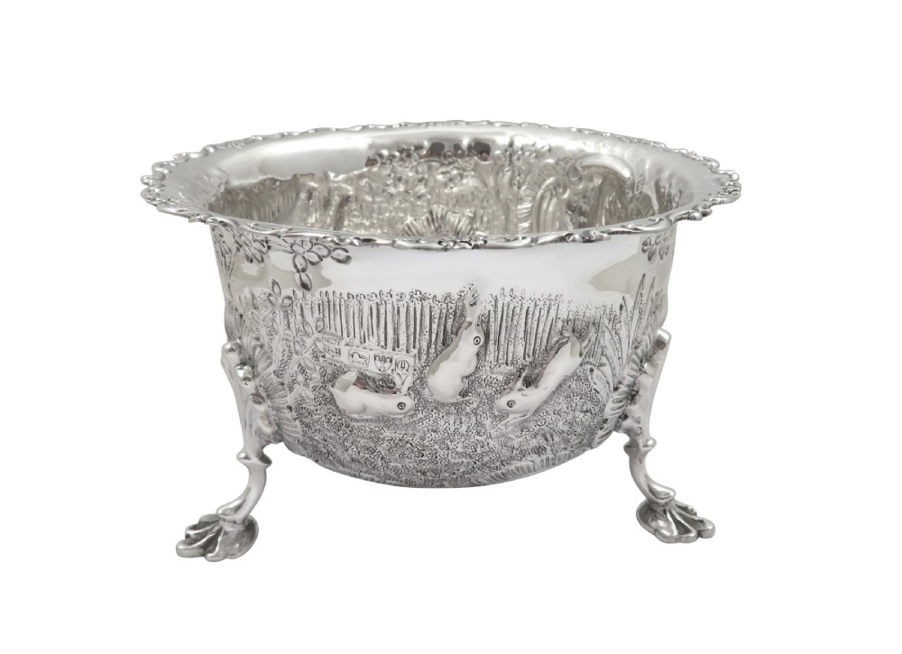 Antique Victorian Sterling Silver Bowl - 1899 - Rabbits & Birds View III