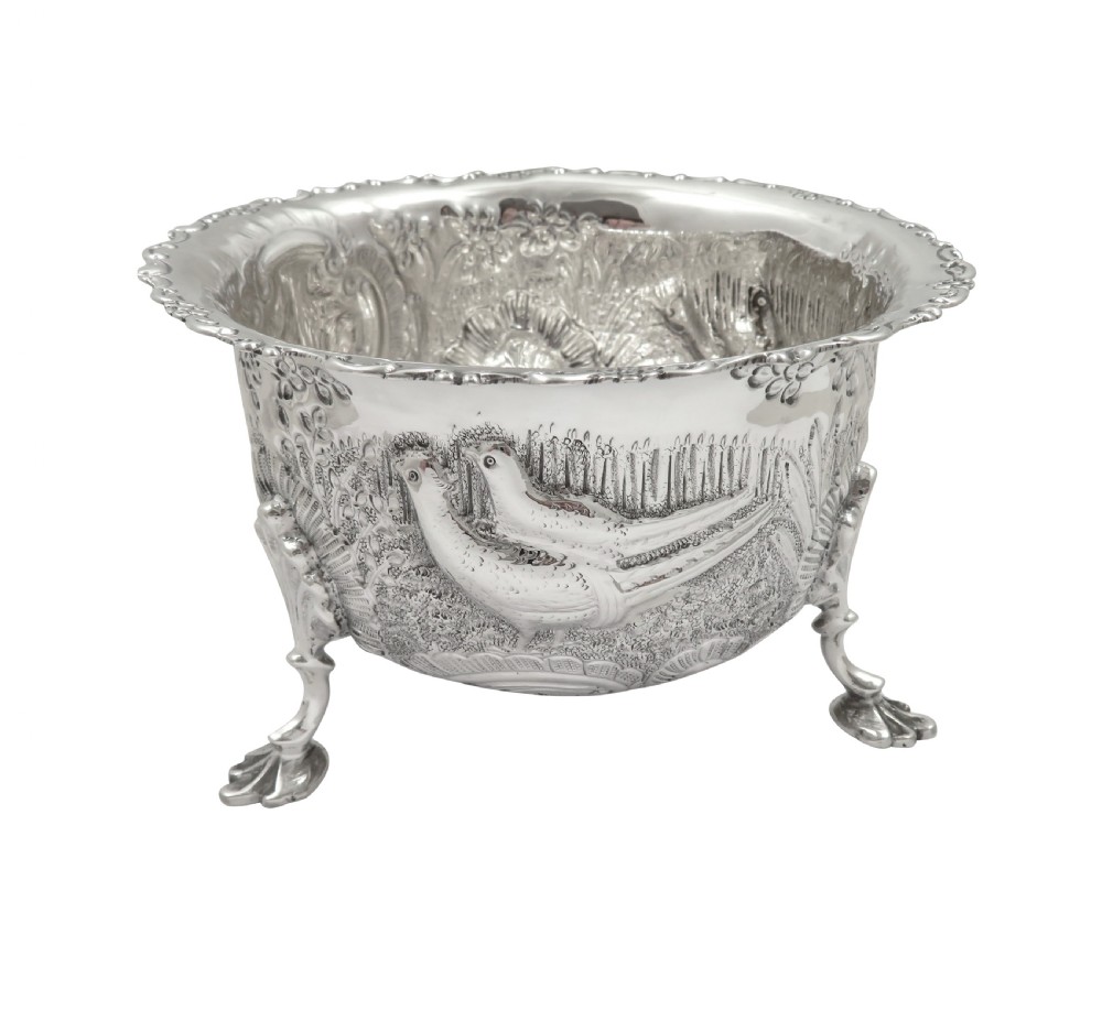 Antique Victorian Sterling Silver Bowl - 1899 - Rabbits & Birds View VI