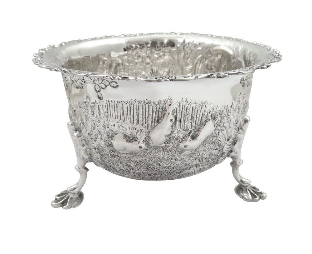 Antique Victorian Sterling Silver Bowl - 1899 - Rabbits & Birds View IX