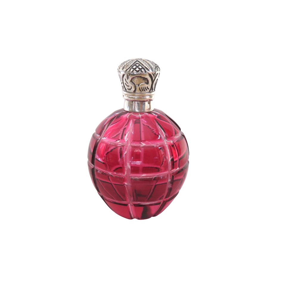 Antique Victorian Silver & Cranberry Cut Glass Scent / Perfume Bottle c1890