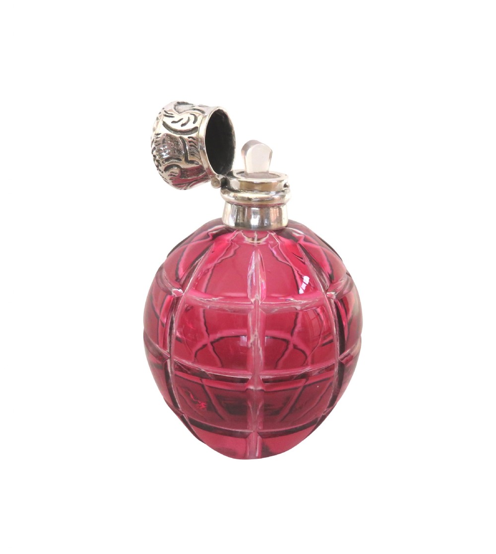 Antique Victorian Silver & Cranberry Cut Glass Scent / Perfume Bottle c1890 View III