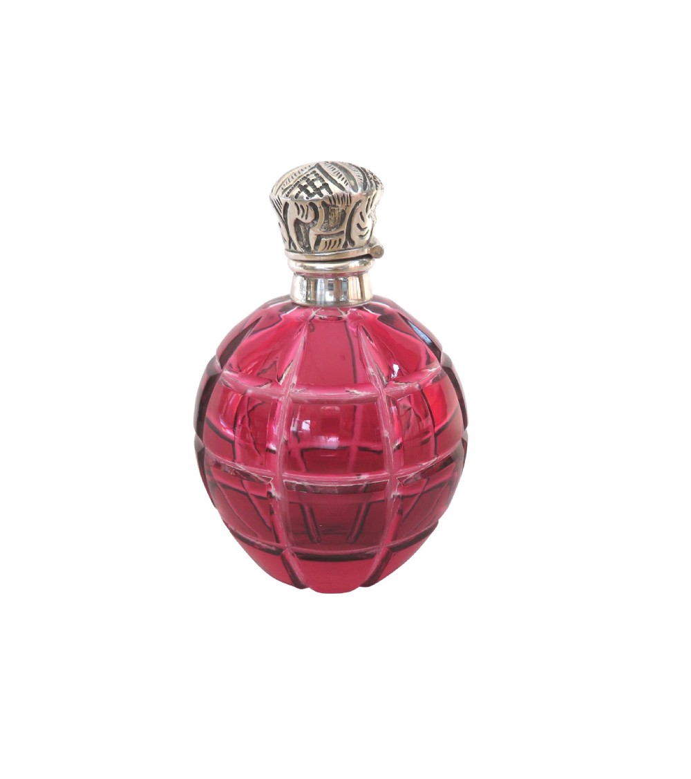 Antique Victorian Silver & Cranberry Cut Glass Scent / Perfume Bottle c1890 View V