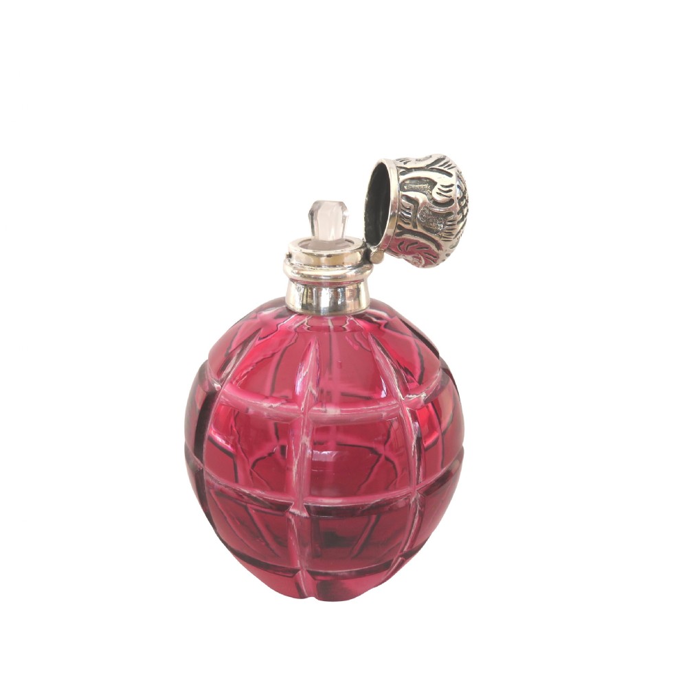 Antique Victorian Silver & Cranberry Cut Glass Scent / Perfume Bottle c1890 View VI
