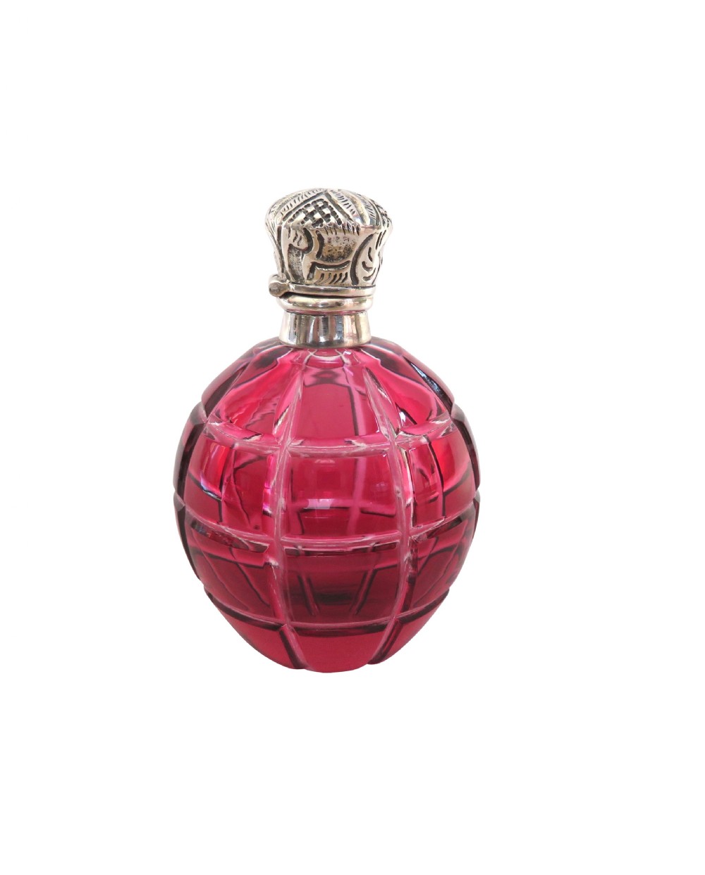Antique Victorian Silver & Cranberry Cut Glass Scent / Perfume Bottle c1890 View VII