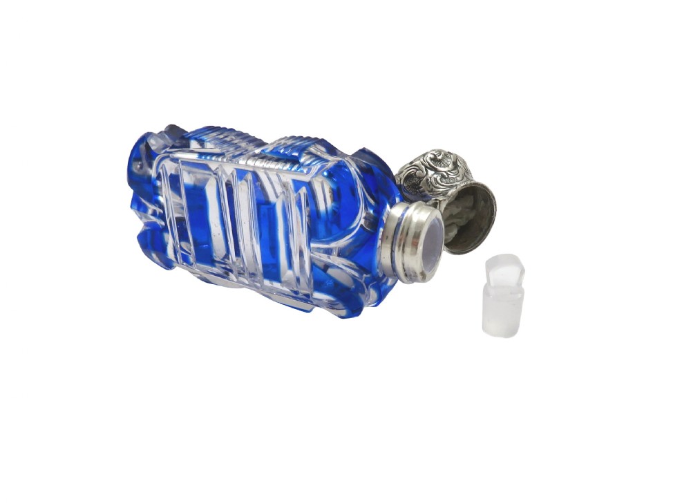 Antique Victorian Silver & Blue Overlay Cut Glass Scent / Perfume Bottle c1890 View II