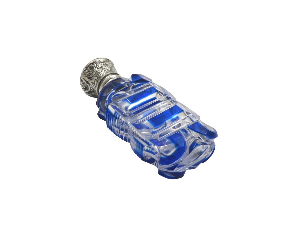 Antique Victorian Silver & Blue Overlay Cut Glass Scent / Perfume Bottle c1890 View IV