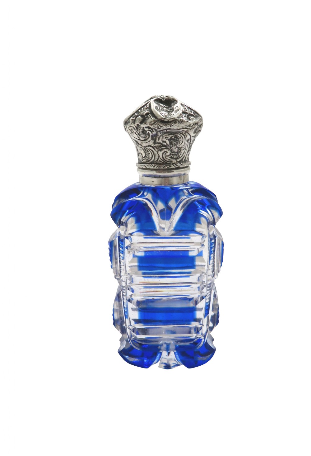 Antique Victorian Silver & Blue Overlay Cut Glass Scent / Perfume Bottle c1890 View V