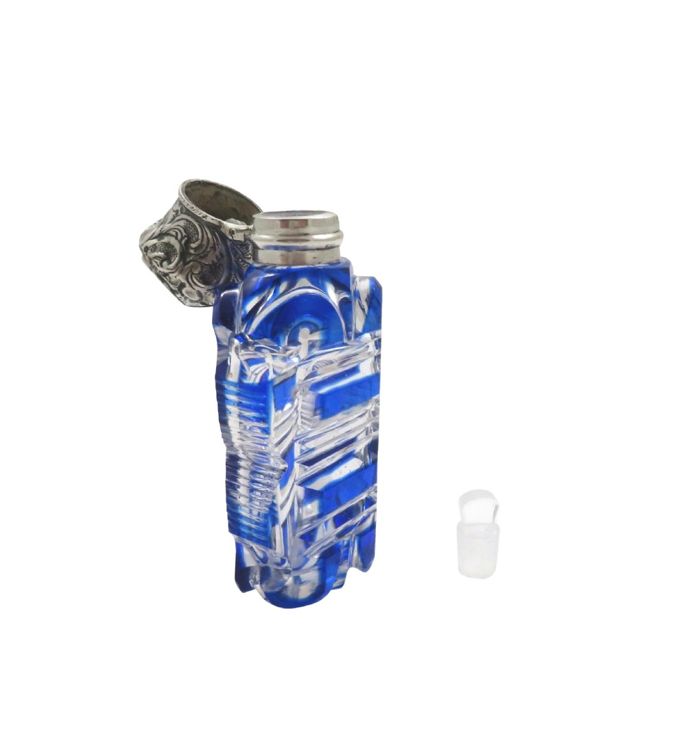 Antique Victorian Silver & Blue Overlay Cut Glass Scent / Perfume Bottle c1890 View VI