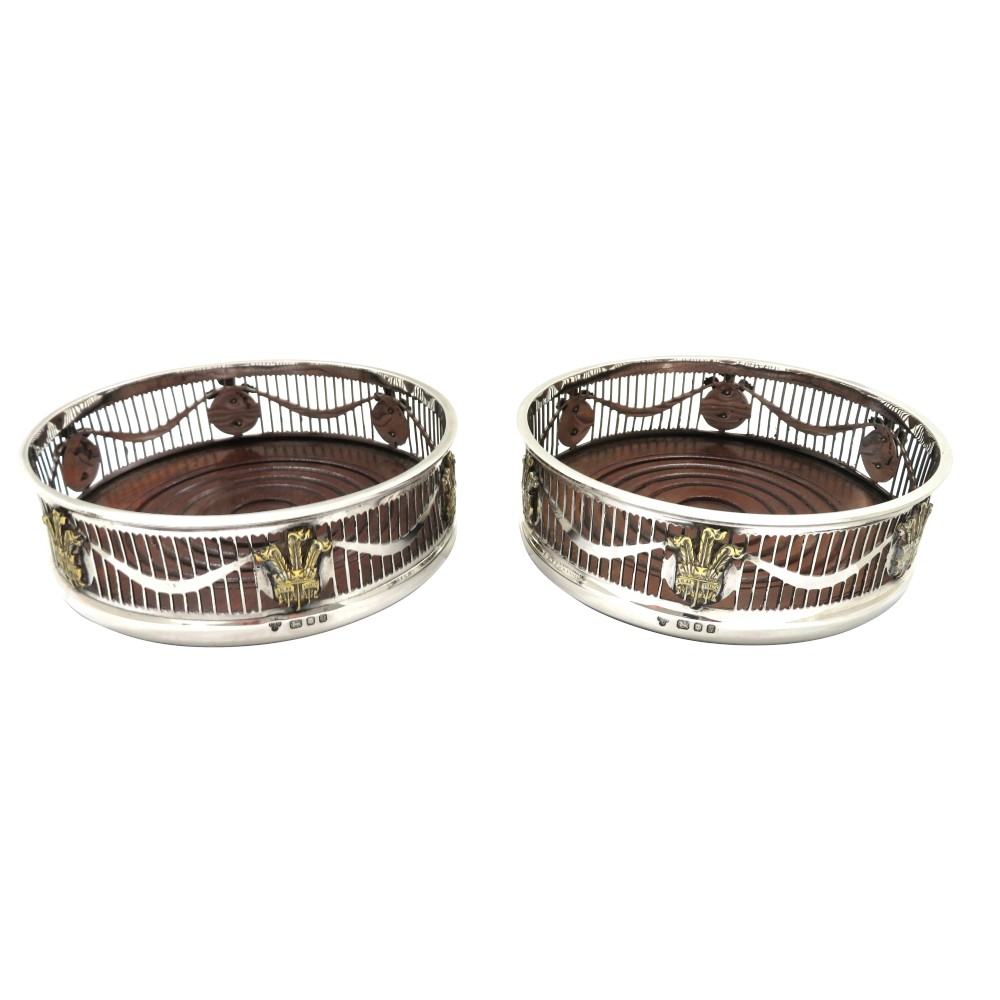 Pair of Vintage Silver Wine / Champagne Coasters  - Prince of Wales Feathers