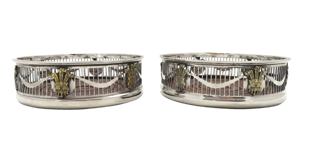 Pair of Vintage Silver Wine / Champagne Coasters  - Prince of Wales Feathers View IV