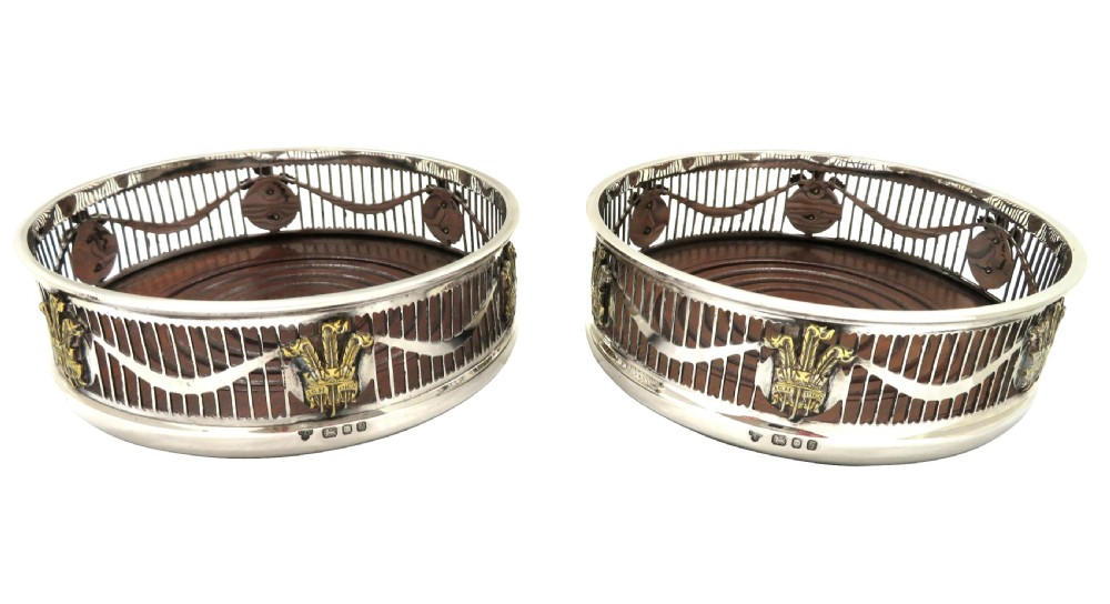 Pair of Vintage Silver Wine / Champagne Coasters  - Prince of Wales Feathers View VII