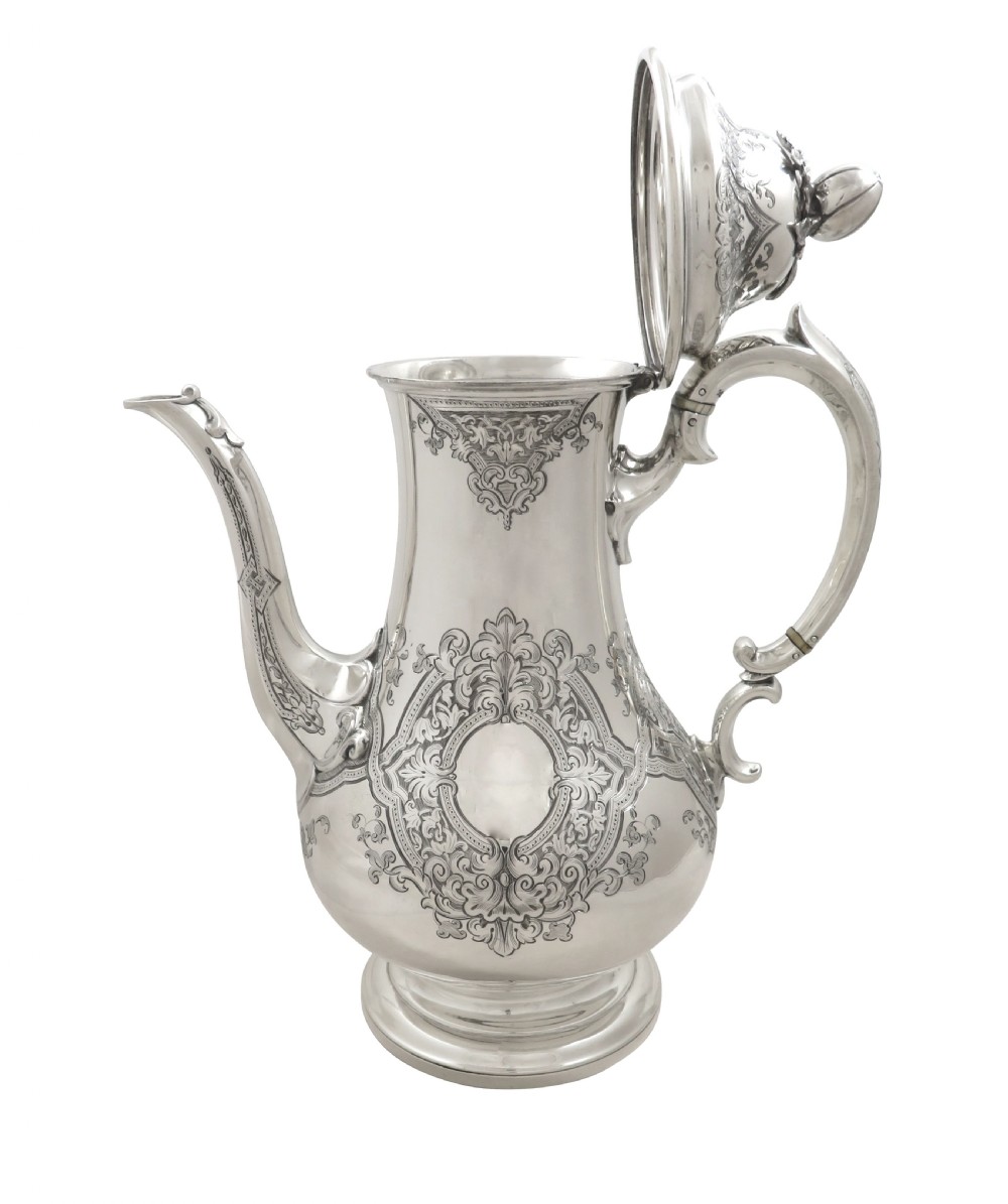 Antique Victorian Sterling Silver Coffee Pot - 1858 'Tutum Refugium' View III