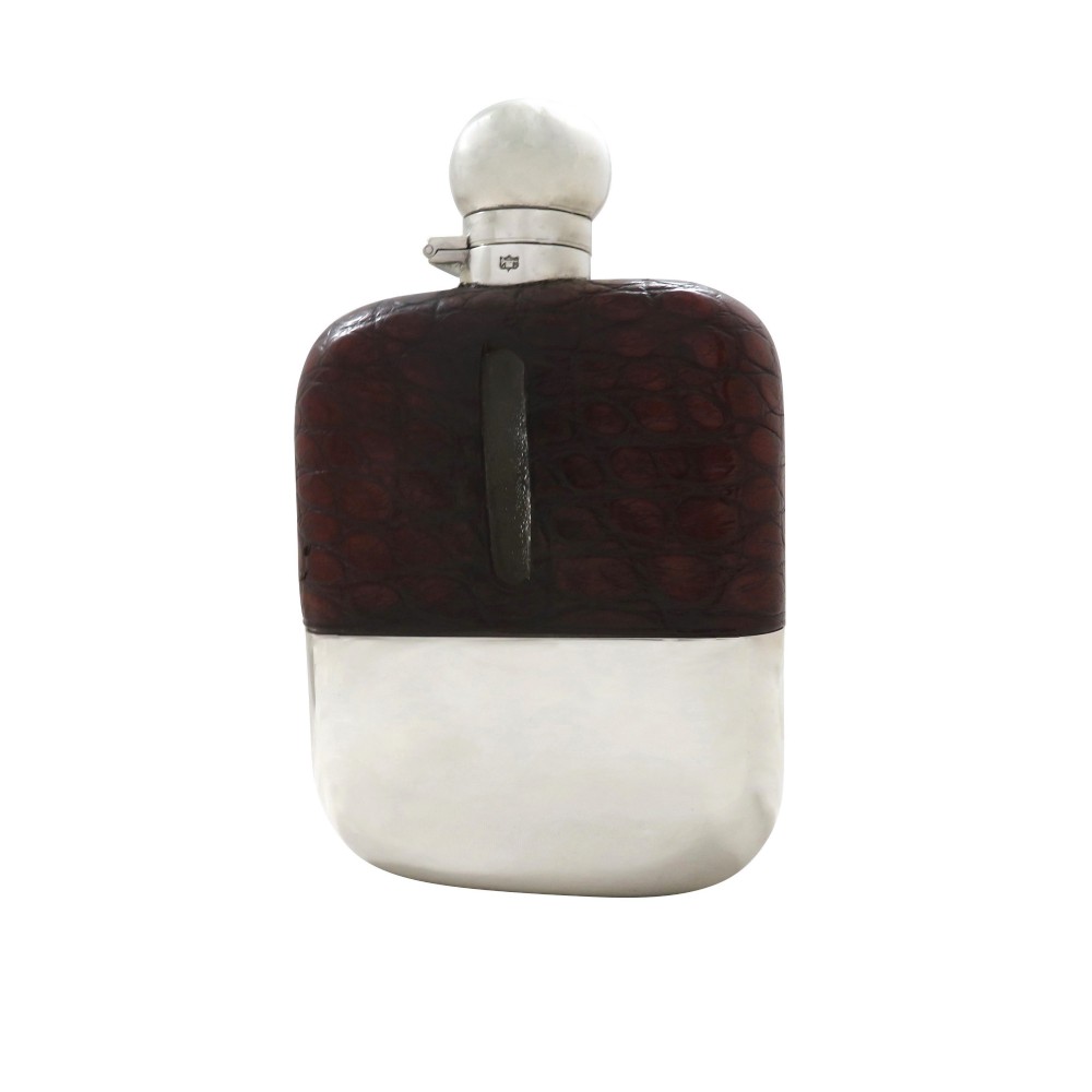 Antique Victorian Silver Plated & Crocodile Leather Hip Flask c1890