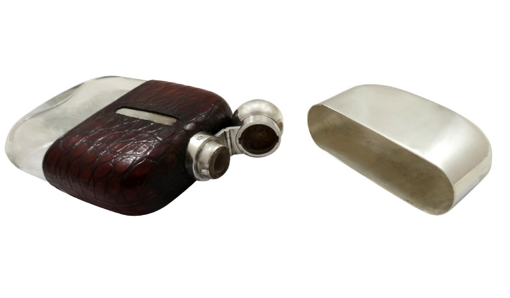 Antique Victorian Silver Plated & Crocodile Leather Hip Flask c1890 View VI