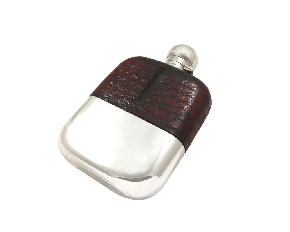 Antique Victorian Silver Plated & Crocodile Leather Hip Flask c1890 View VIII