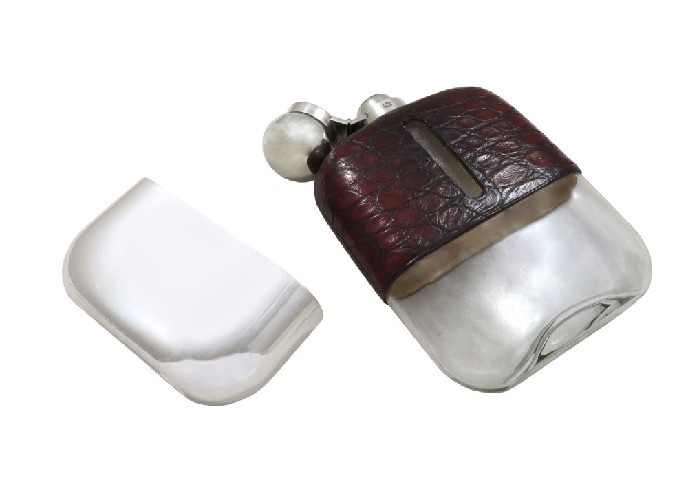 Antique Victorian Silver Plated & Crocodile Leather Hip Flask c1890 View IX