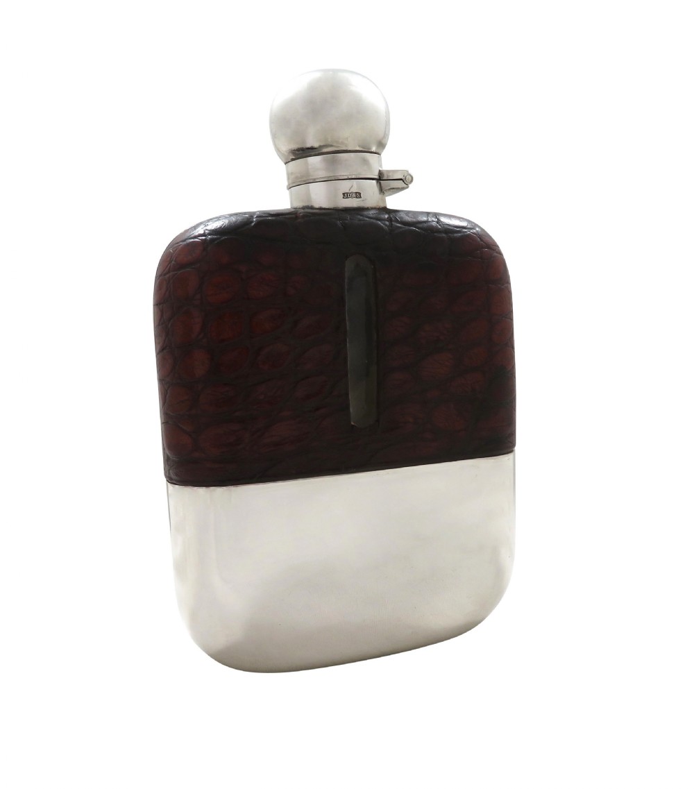 Antique Victorian Silver Plated & Crocodile Leather Hip Flask c1890 View X