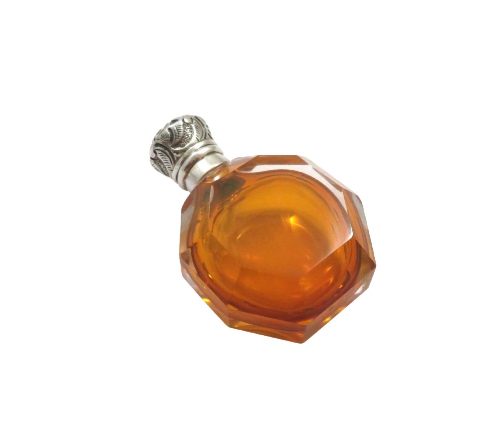 Antique Victorian Silver &  Amber Cut Glass Scent/Perfume Bottle c1890 View II