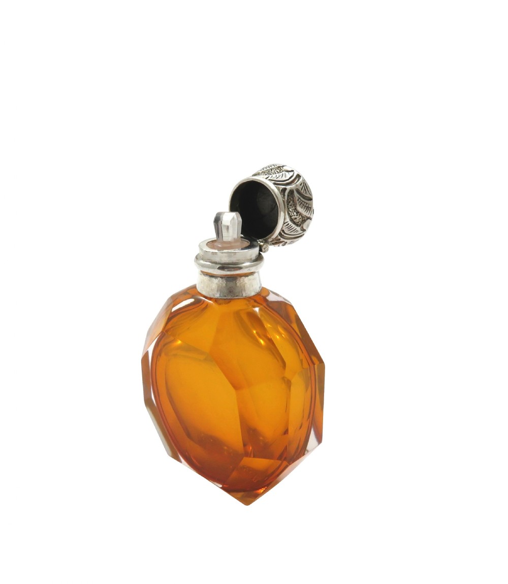 Antique Victorian Silver &  Amber Cut Glass Scent/Perfume Bottle c1890 View III