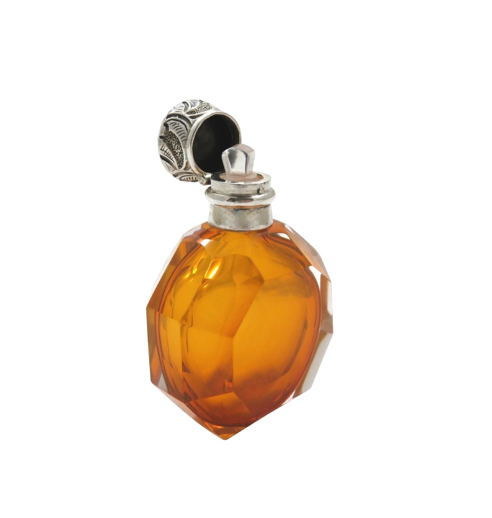 Antique Victorian Silver &  Amber Cut Glass Scent/Perfume Bottle c1890 View VI