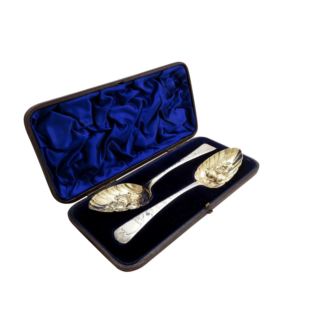 Pair of Antique Georgian Sterling Silver Berry Spoons in Case 1811