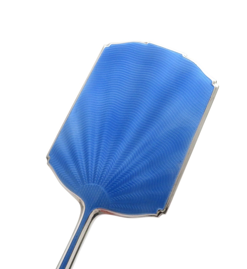 Antique Art Deco Sterling Silver & Blue Enamel Hand Mirror 1938 View IV