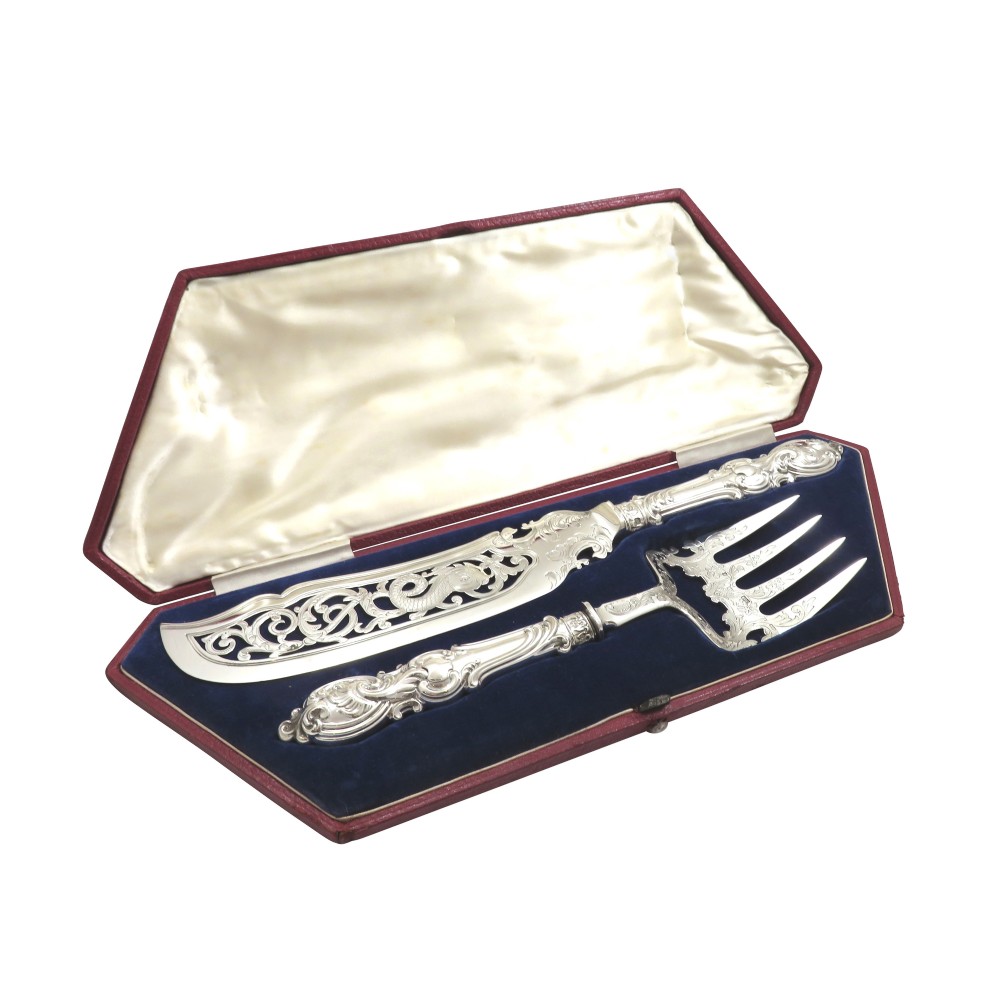 Antique Victorian Sterling Silver Fish Servers in Case 1847