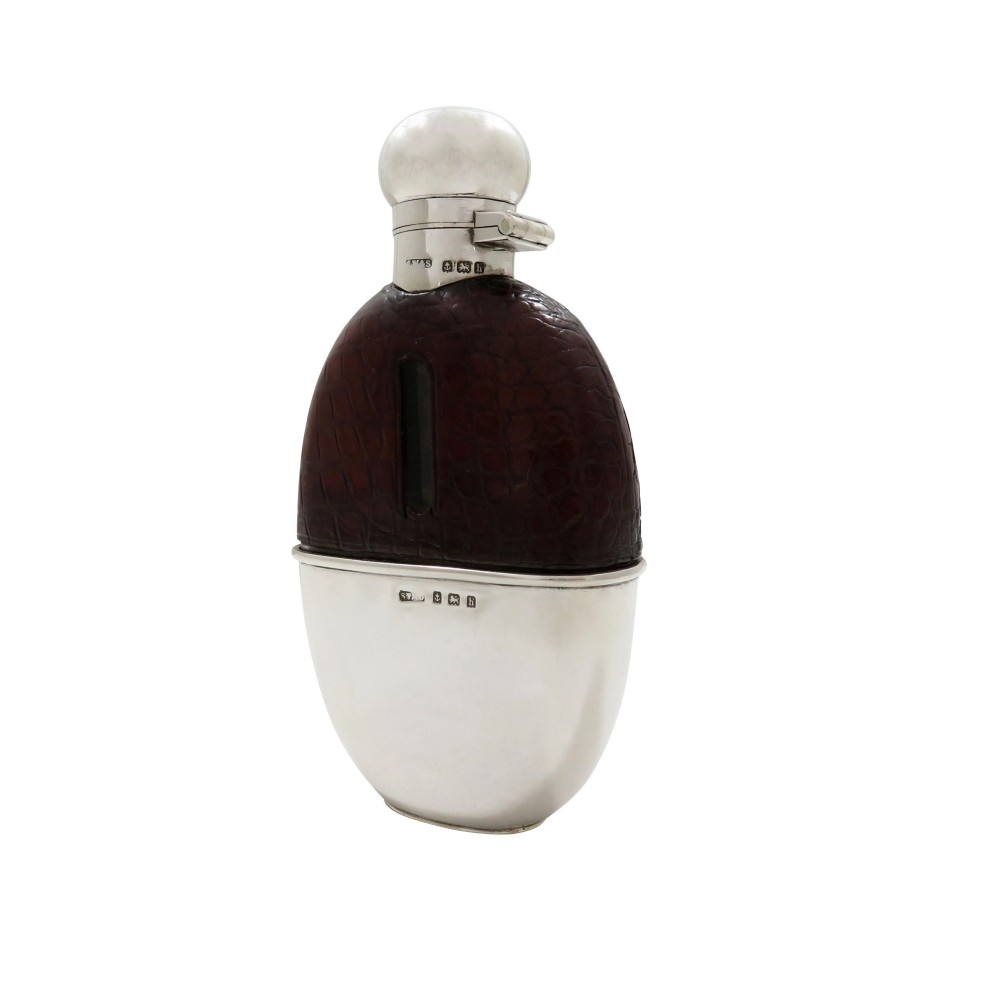 Antique Edwardian Sterling Silver & Crocodile Leather Hip Flask 1907