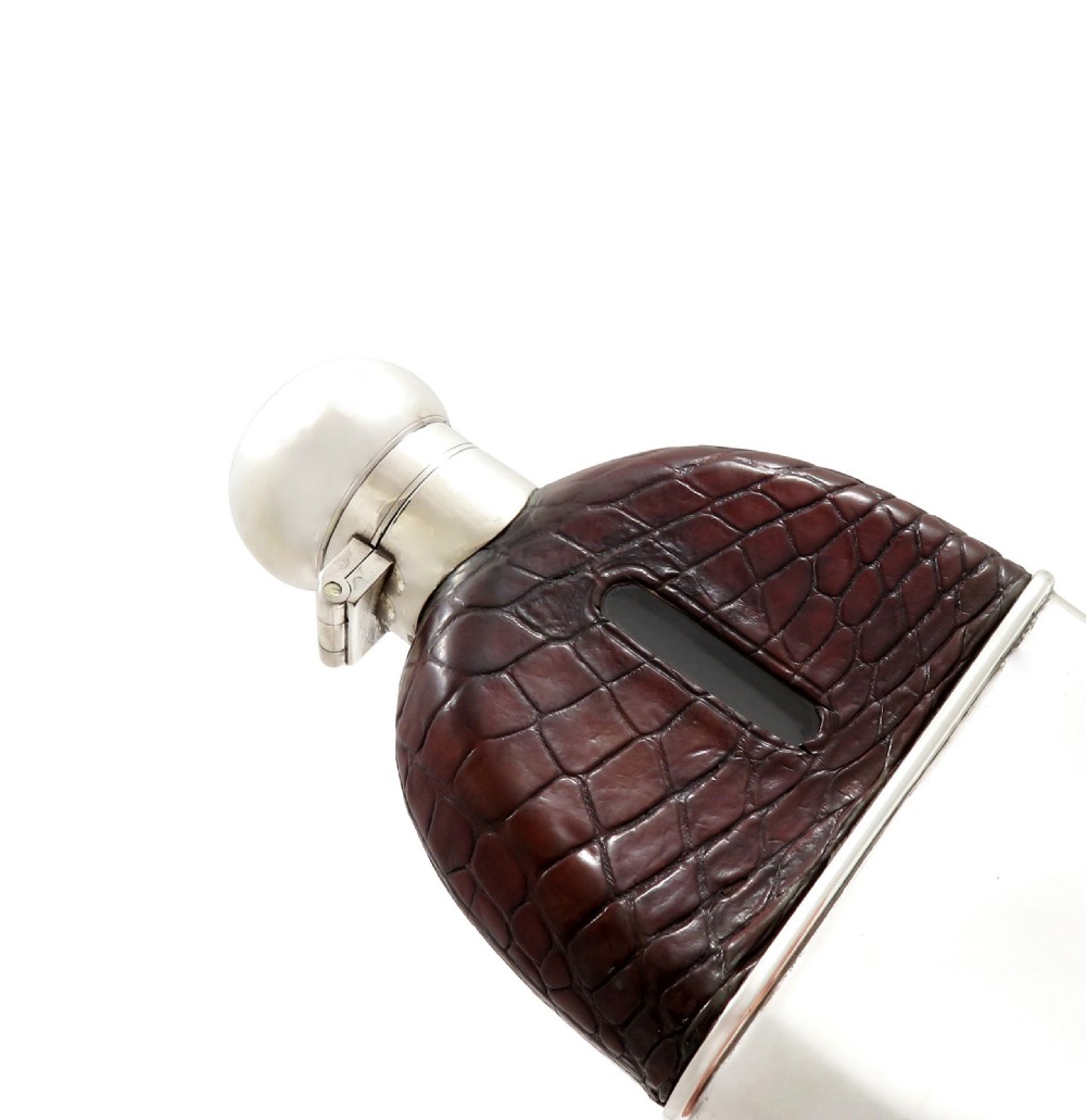 Antique Edwardian Sterling Silver & Crocodile Leather Hip Flask 1907 View II