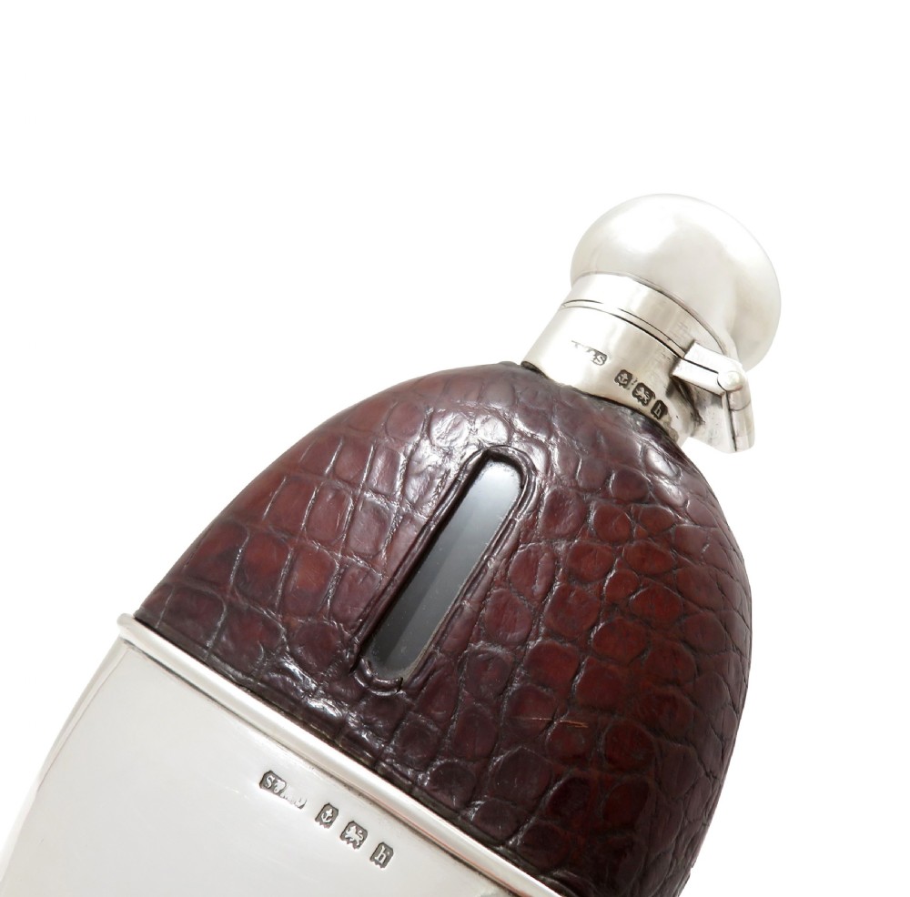 Antique Edwardian Sterling Silver & Crocodile Leather Hip Flask 1907 View VI