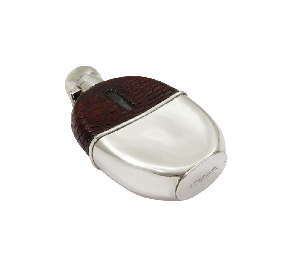 Antique Edwardian Sterling Silver & Crocodile Leather Hip Flask 1907 View VIII