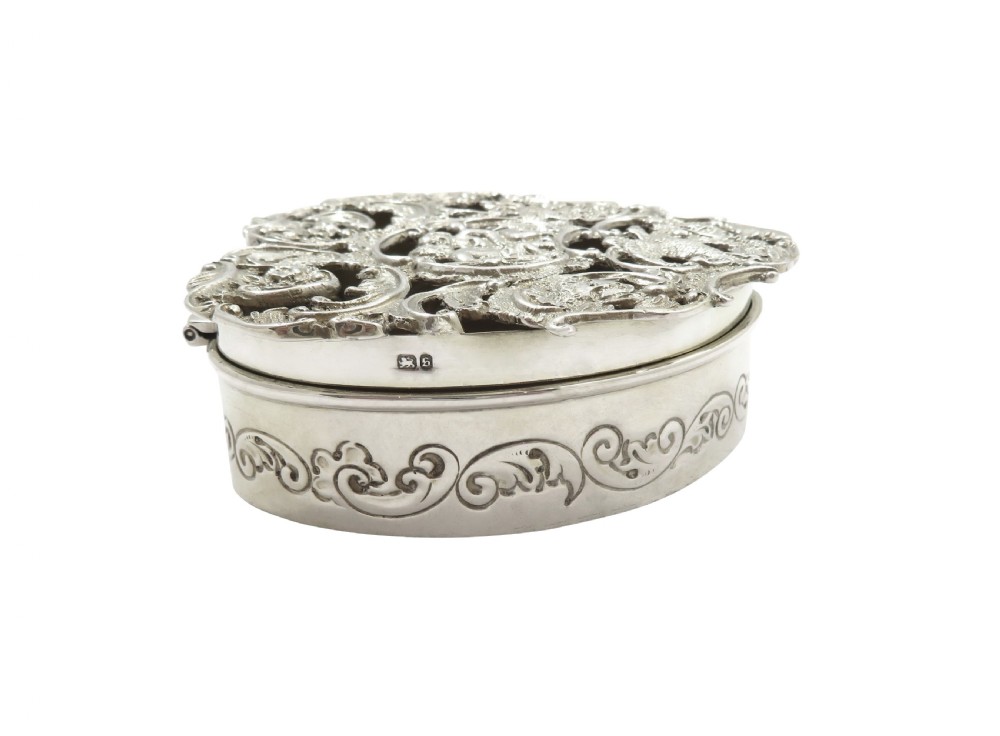 Antique Victorian Sterling Silver Pierced Heart Trinket Box 1892 View V